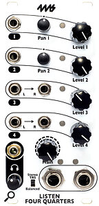 4MS Listen Four Quarters: 12HP, +12V 107mA, -12V 101mA.