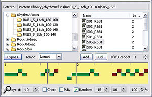 The Pattern Manager window, showing the library of pre‑programmed strumming MIDI files organised by genre, variation and tempo.