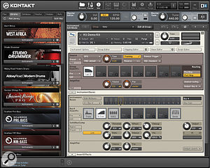 An instrument open for editing, showing the new Instrument Bus strip. Here, Bus 4 has Transient Master, Solid Bus Comp and Solid‑G EQ as insert effects, plus an effect send. The controls for Solid Bus Comp are shown. The Group feeding Bus 4 has the new two‑pole Ladder filter inserted.