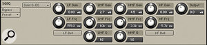 The controls for the Solid‑G EQ. The buttons below the LF and HF bands toggle between shelf and bell curves; both LMF and HMF bands have variable bandwidth (Q) knobs.