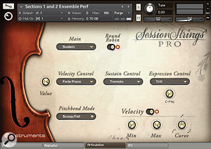 Five articulations, a default plus four performance-dependent alternatives, can be set. The knob below Expression Control sets key signature, so SSPro can 'intelligently' select half-tone or whole-tone trills.