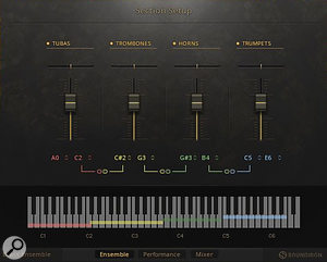 The instrument ranges of the Brass Ensemble and Brass Quartet presets can be adjusted, along with their relative levels. Deactivating any instrument purges it from RAM, and adjacent instruments’ ranges fill in the space created.