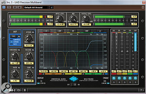 Some early analogue noise‑reduction systems were based on multi‑band expanders, and a multi‑band dynamics processor, such as the Universal Audio Precision Multiband shown here, can be pressed into service for nosie‑reduction duties. In the picture, the top band has been set as an expander that attenuates that frequency band when audio falls below the threshold, and applies gain when the wanted part of the signal peeps above the threshold in that band.