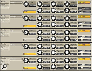 This composite screen shows Replica's five delay types, and the various parameters unique to each.