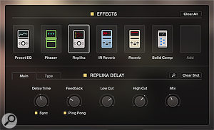 Up to eight effects can be loaded into the slots, and re-ordered by dragging the icons. Effects can be edited in detail, and the complete Effect chain saved as a Sound Preset.