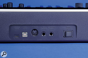 The Panaorama P4's back panel features a USB power input, a USB B port for connection to a computer, a MIDI Out port, quarter-inch jack sockets for a footswitch and expression pedal, and an on/off switch.