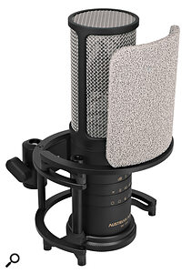 The foamed metal pop shield attaches magnetically to the shockmount.