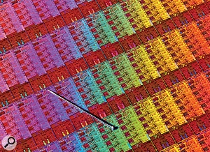 This is the size of the Haswell processors before divided from a silicon wafer, with a pin for scale.