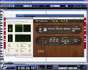 Here's some classic multi-processing confusion, illustrated by Cubase 4 running 28 voices of a heavy-duty physically modelled soft synth that together consume almost 100 percent of a single core of this dual-core PC. The high Cubase 'VST Performance' meter reading (bottom left) simply indicates that one or more cores is approaching its limit. However, since Cubase 4 is optimised for multi-processing, if you create another track and connect its output to another instance of the same soft synth, you'll still be able to run a further 28 voices on the other core.