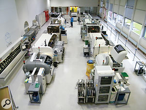 Clockwise from top right: the main Linn factory floor, with blue paths kept clear for robots; the separate, automated production line where surface-mount boards are populated and soldered; and a robot forklift! 