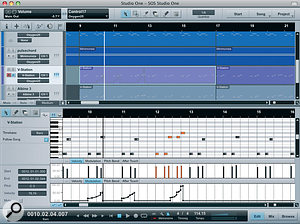 An edit view can replace the mixing Console in the lower half of the window. Here a MIDI part is being edited in a piano‑roll editor.