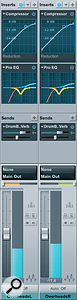 A pair of grouped Console channels, shown here in 'large' mode. You can configure the Compressor and Pro EQ plug‑in settings directly via their mini‑interfaces.