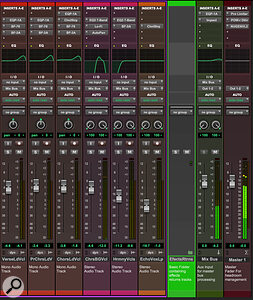 In this screenshot, the mix bus processing is carried out on an aux input fed by an internal bus (labelled Mix Bus), which in turn is routed to Out 1‑2 and controlled by a Master Fader.