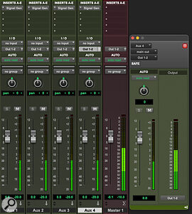 The expanded output window (shown here on aux 4) features the same type of metering as a Master Fader.