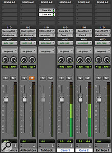 Screen 3: This screenshot shows two further ‘master section’ features: alternate speaker switching and talkback. The former is enabled by having a second Monitor Aux input, in this case labelled AltMonitors, which picks up the same ‘Mastering Output’ bus as the main Monitor Aux but is routed to a different hardware output. The latter is created by bringing a mic in on an Aux input labelled Talkback; this does not have its output assigned, and so is greyed out, but aux sends transfer the talkback signal to the ‘Cans’ busses and channels.