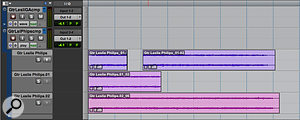 Audio editing does not work the same way as comping, however. Here, I’ve made a cut in one of the clips on a Playlist (top); when the other track is switched back to Playlist view (above), you can see that the edit has not been applied there.