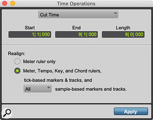 The Cut Time operation offers different options depending on whether the main timebase is tick-based (left) or absolute (right).