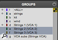 The Groups list in the Mix and Edit windows tells you which groups have VCA Masters assigned to them.