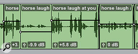 Clip-based gain in Pro Tools 10 can be used simply to change the level of an entire clip (above) or dynamically as a form of volume automation (below)