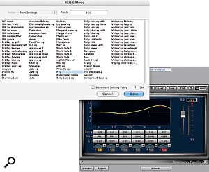 Some lateral thinking is required when setting up complex macros. For instance, patch selection via the usual drop–down menus doesn't work in QuicKeys, but you can choose presets from the pop–up window.