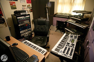 Pendulum's studio occupies one room in a suburban house. The acoustically treated area to the left of the window is where Rob Swire's vocals are recorded, and the pink cupboard visible at the right is "full of tiny wooden squares that go all the way to the back", somehow evening up the bass response!