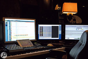 This is Hans' main writing console with our custom sampler, Sam, running on the screen to the right of the 30-inch Apple Cinema Display.