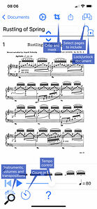 Tapping the ‘?’ icon gets you these speech‑bubble help overlays, which are for the most part very clear. Incidentally, this piano piece, with its rather complex multi‑voice and cross‑staff notation, was handled very well by PlayScore 2, with just a few missing notes and markings, and some errant slurs.