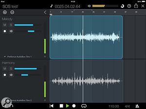 The Duo Capture iPad app. Whilst there are only very basic mixing controls (volume and pan per track), projects can be sent via Wi-Fi to the Studio One DAW software on your computer. A  paid upgrade is required to access the full 32-track version.