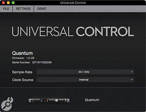 The UC software’s launcher window is where you can set the Quantum’s sample rate and clock source.