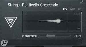 The time-stretch control allows you to manipulate a selection of samples using waveform controls. You can stretch or compress samples within a range of 1 percent (ie. 100 times longer) to 800 percent (eight times faster), reverse the playback and adjust the sample start point.