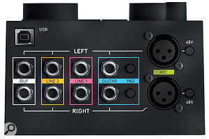 This render of the Balance's back panel shows the unit's stereo outputs, dual stereo line inputs, guitar inputs with pad buttons, and XLR mic inputs with switchable 48V phantom power. At the top left is a USB port to connect the Balance to your computer. 