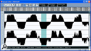 The zoomed-in waveform of a kick-drum hit from Dr Dre's 'The Watcher', from the album 2001, showing that the track has been clipped to increase its loudness. The highlighted region in this screenshot clips around 140 consecutive samples.