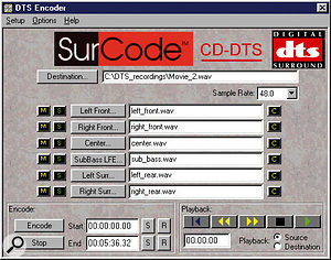 Authoring high-quality surround audio to disc is not as easy as it perhaps should be. It's impossible for a consumer to write to the SACD format, and DVD-A hardware is still very rare (and pricey). However, there are a number of relatively cost-effective ways to burn surround audio to DVD or even CD. Surcode's CD-DTS (shown above) and DVD-DTS software packages will convert six mono audio files (all channels of the 5.1 format) to DTS-encoded WAVs on either CD or DVD, and cost $99 and $499 respectively. 