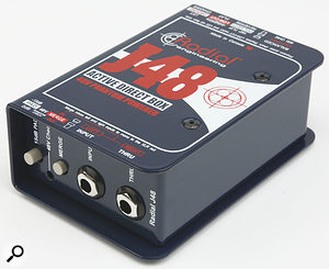 A DI box, such as this Radial J48 (reviewed on page 132 of this issue), splits a guitar signal so it can be fed to both an amplifier and a preamp that accepts mic-level inputs. This model has a 15dB pad, which allows the user to control signals that are too hot. 