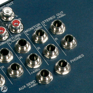 The output section of a mixer may have a number of different connectors (this Yamaha MG102 only uses jack sockets), so you'll need to have the correct cable to interface with the PC input. 