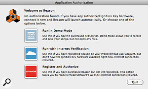 As this start-up dialogue box reveals, Reason 6 can be authorised using a USB dongle or Internet verification.