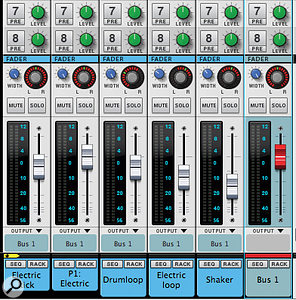 New bus channels in Reason 7 — you can see one here with its distinctive red fader — make mixing easier and let you easily apply insert effects to a group of channels. Also check out the 'Electric Kick' track, with its Parallel channel neighbour.