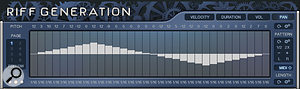 The upper step-sequencer grid is tabbed for editing of velocity, duration, volume and, as seen here, pan, on a per-step basis.