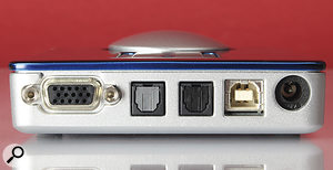 The end panel of the Babyface hosts a serial port for the breakout cable, TOSlink ports for the digital I/O, a USB socket and an input for an external PSU.