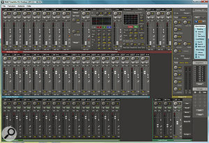 The TotalMix FX software with the EQ and Dynamics windows open at the top of the screen.