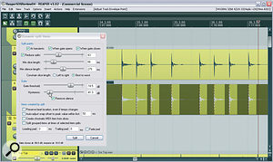 The recently added Dynamic Split window simultaneously provides automatic beat‑slicing, MIDI triggered drum‑replacement, and silence removal. This screenshot shows it previewing how the audio will be split as a result of its control values, so that you can refine the settings accordingly.