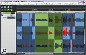 Here's a comping session in progress, showing how you can use colours to keep track of progress. I've coloured individual take waveforms red where I like them, and greenish‑brown where I don't, and then I've coloured the items themselves red when I've comped those sections. Notice also that two of the remaining green sections have Take FX buttons on them, because I've adjusted their tone with ReaEQ to match the adjacent takes.