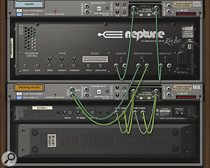 Neptune's separate voice synth outputs allow you to separate out your backing vocal signals for independent treatment. In this example, they're being treated by an RV7000 reverb, and the Mix device gives them a whole mixer channel of their own.