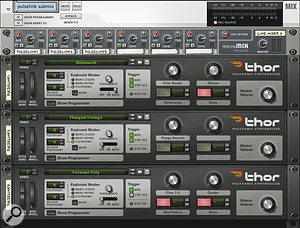 Using a submixer to handle the outputs of related synths or audio tracks is the next best thing to using true track or fader groups.