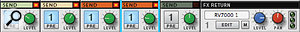 2: With a send effect in place, you use it by enabling send buttons on individual channels (they light up in blue) and adjusting the level controls to determine how much effect is applied to each.