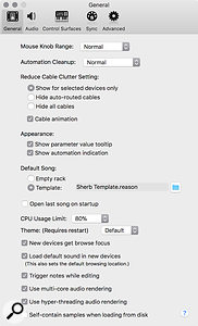 Screen 3. Default Song preferences let you pick a custom starting point when launching Reason.