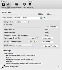 Screen 3: Reason's master monitoring mode determines how audio latency is managed during recording.