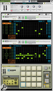 Screen 3. Here, two Drum Sequencers are chained to a Kong drum machine, with global controls courtesy of a Combinator.