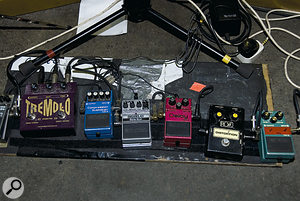 Richard Hawley’s pedal board for live playing: fro m left, Dunlop tremolo, Boss compressor, Digitech and Boss delays, Ross distortion and Boss tremolo.