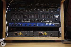 Audio transfer between Digital Performer and Brown's Mackie desk is handled by two MOTU interfaces.